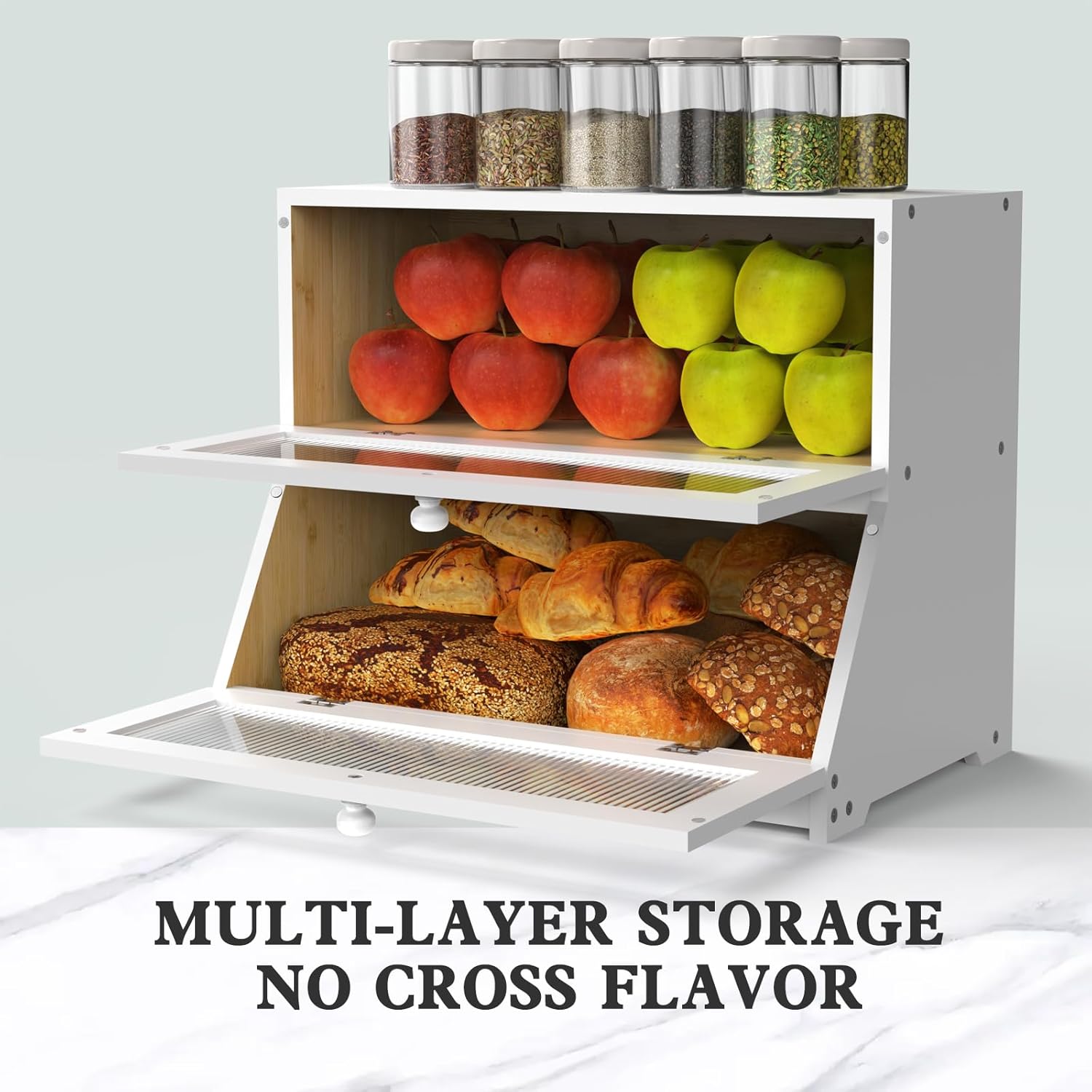 CARLA HOME Double Layer Bamboo Bread Box for Kitchen Counter - Large Capacity Bread Storage Container with V178-36198