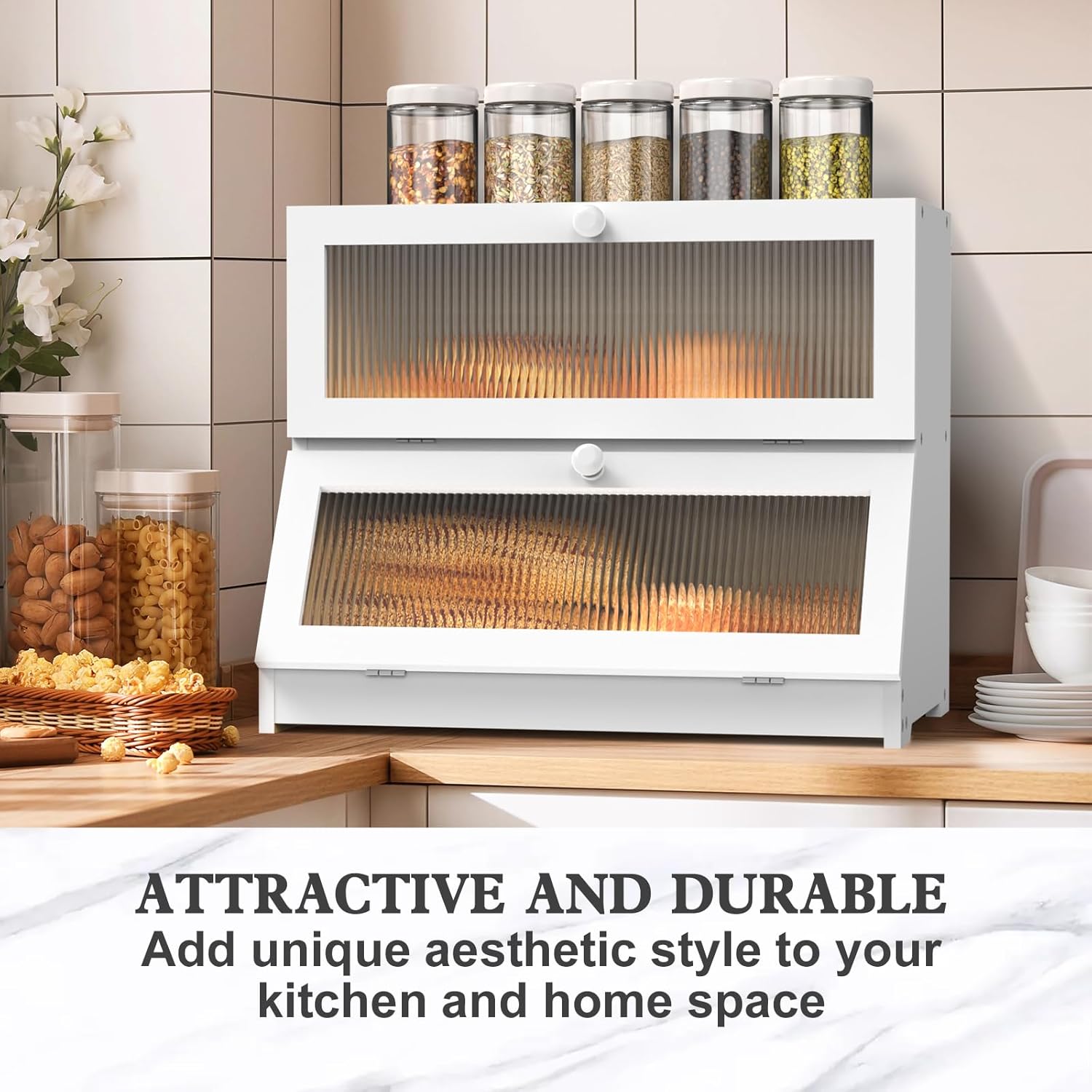 CARLA HOME Double Layer Bamboo Bread Box for Kitchen Counter - Large Capacity Bread Storage Container with V178-36198