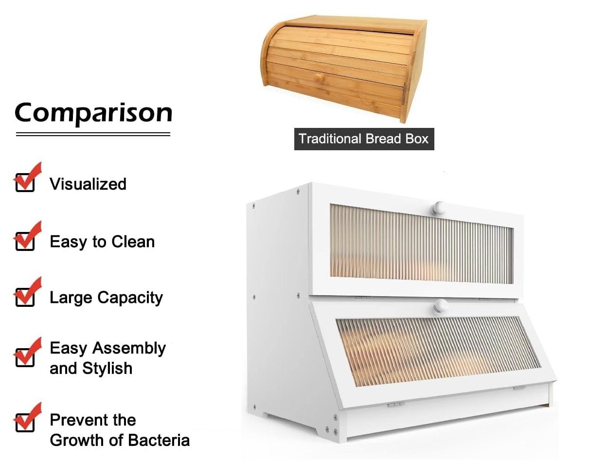 CARLA HOME Double Layer Bamboo Bread Box for Kitchen Counter - Large Capacity Bread Storage Container with V178-36198