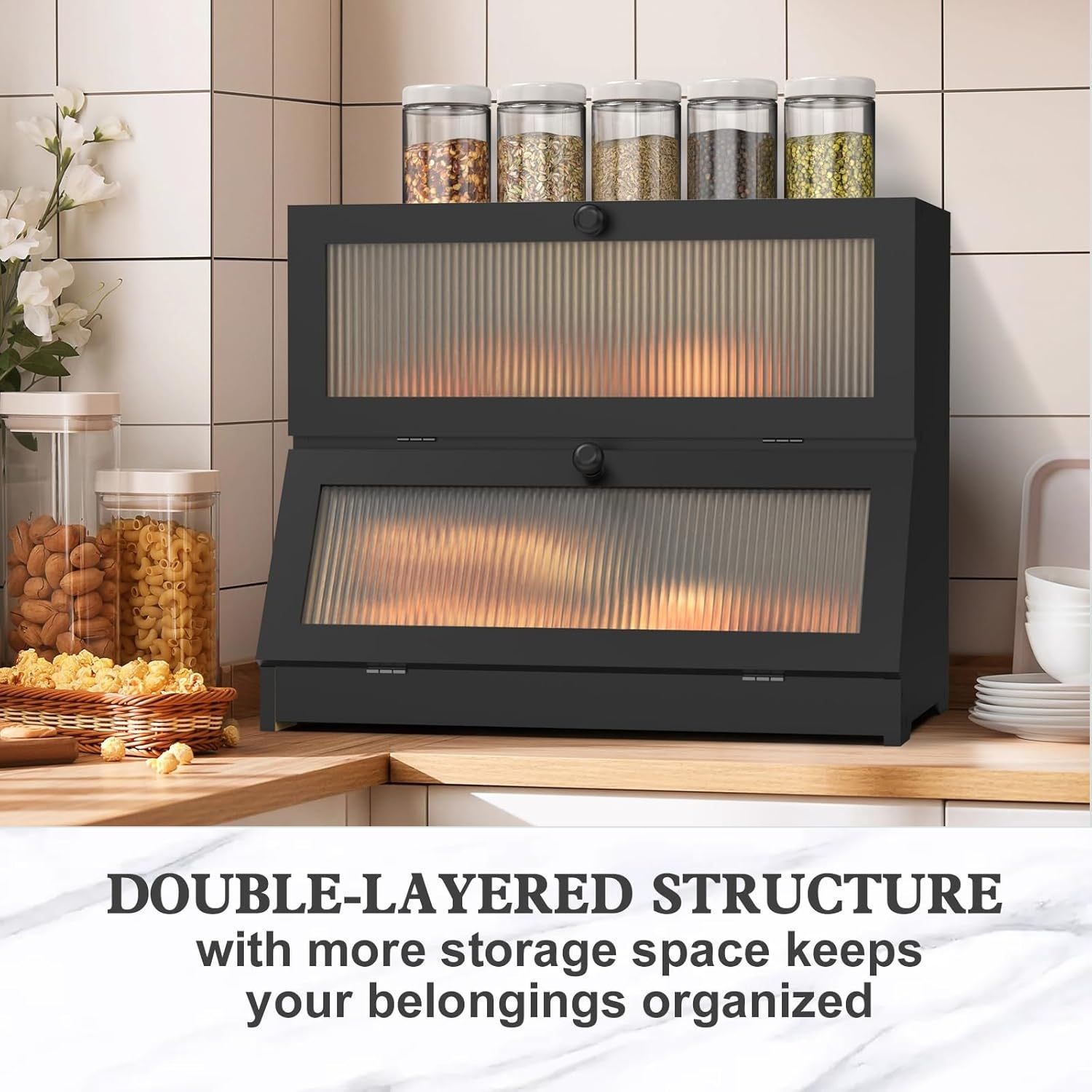 CARLA HOME Double Layer Bamboo Bread Box for Kitchen Counter - Large Capacity Bread Storage Container with V178-36199