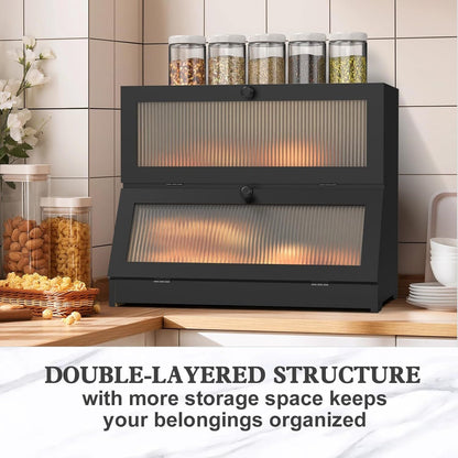 CARLA HOME Double Layer Bamboo Bread Box for Kitchen Counter - Large Capacity Bread Storage Container with V178-36199