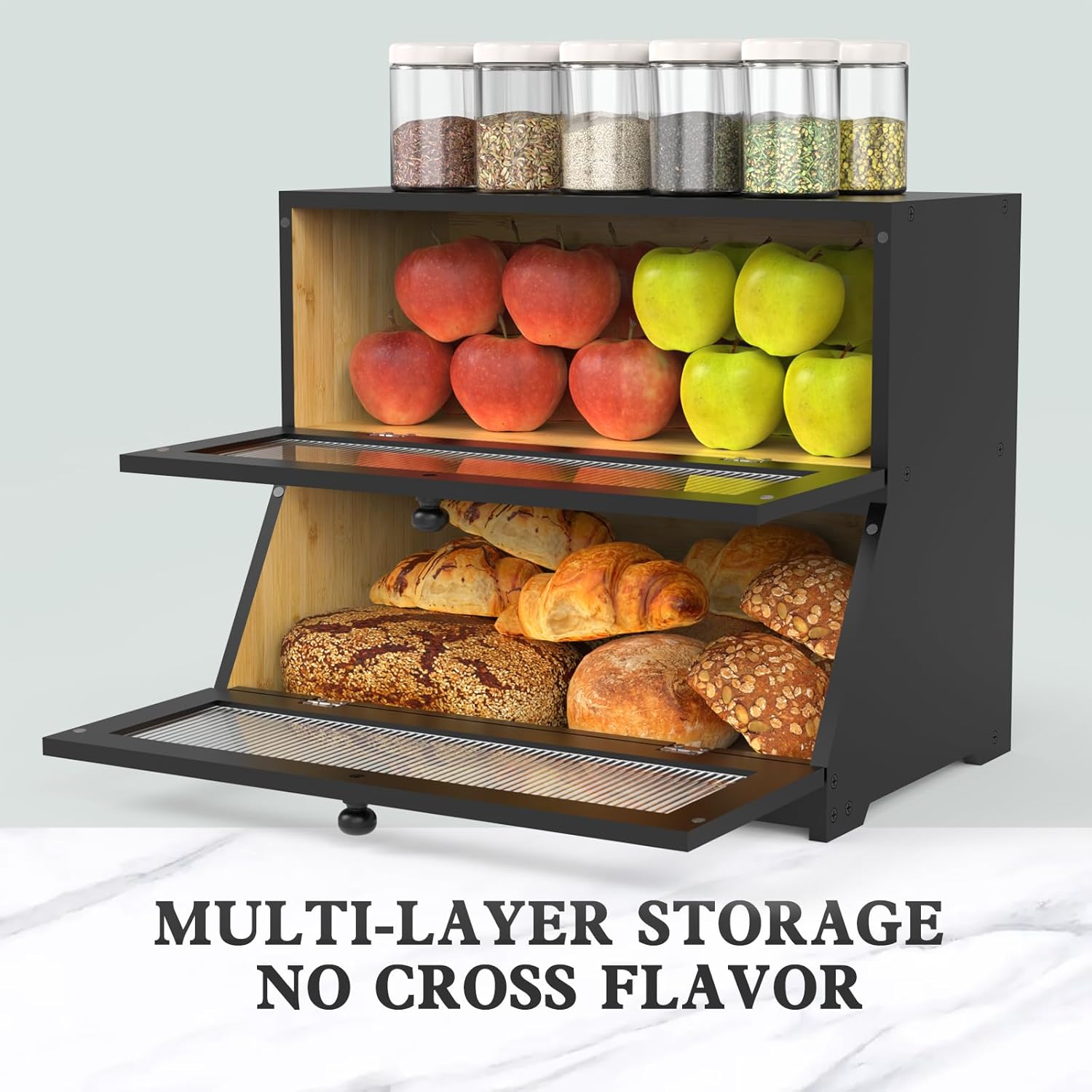 CARLA HOME Double Layer Bamboo Bread Box for Kitchen Counter - Large Capacity Bread Storage Container with V178-36199