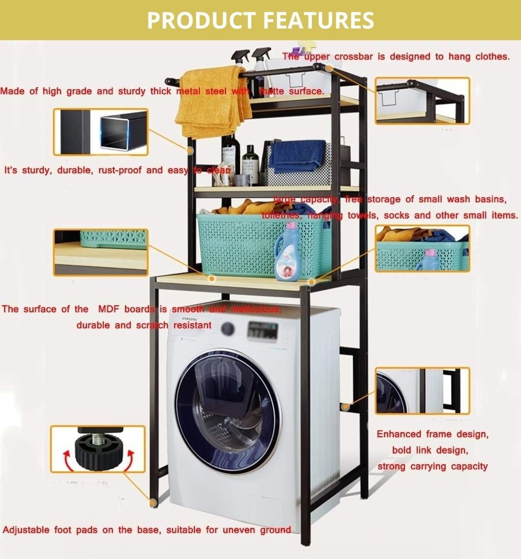 CARLA HOME 3-Tier Over Washing Machine Storage Rack Laundry Shelf Organizer for Bathroom or Toilet (Black) V178-36200