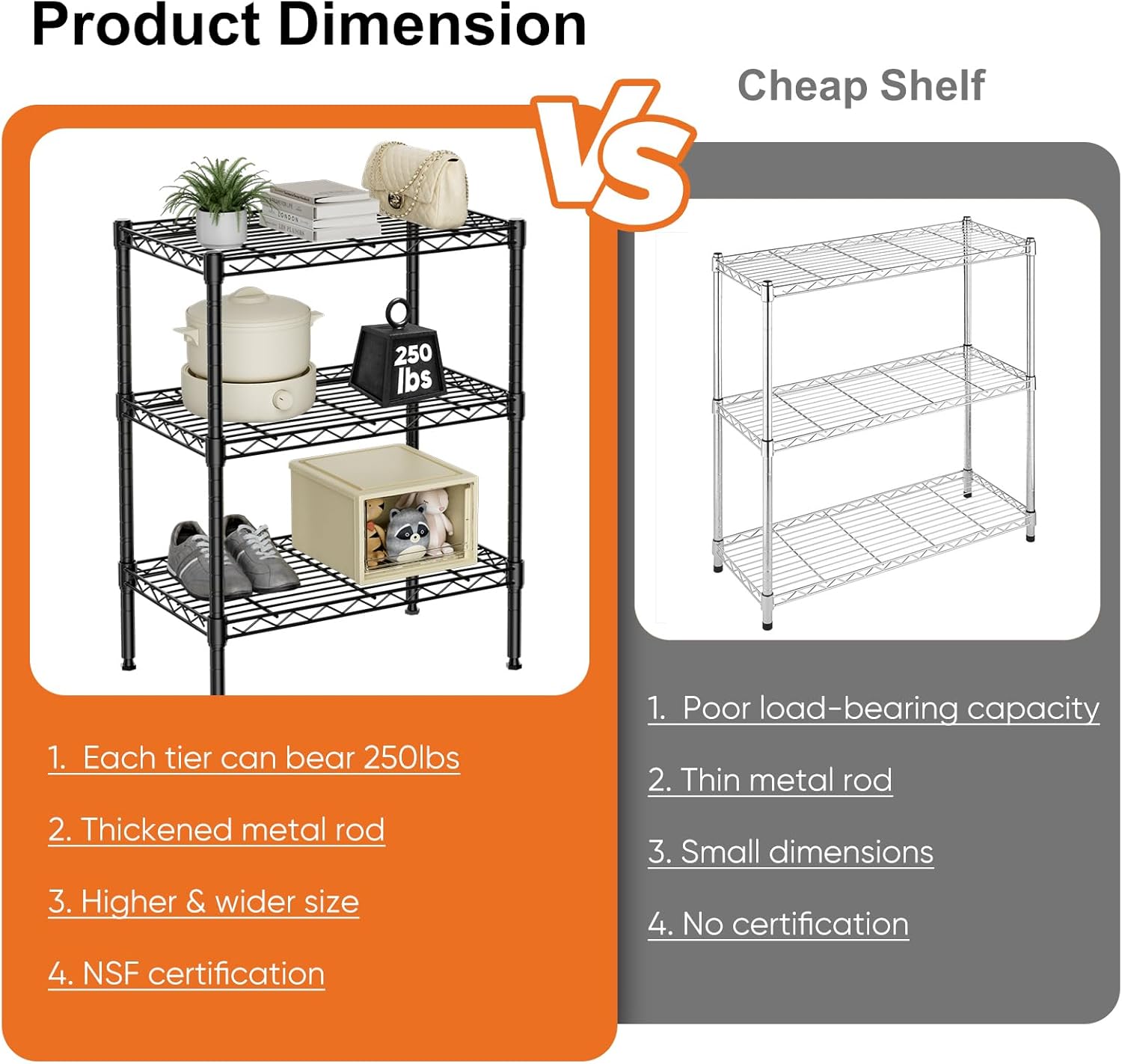 CARLA HOME 3-Tier Adjustable Metal Storage Shelves Wire Rack Organizer for Kitchen, Pantry, Bathroom or V178-36202