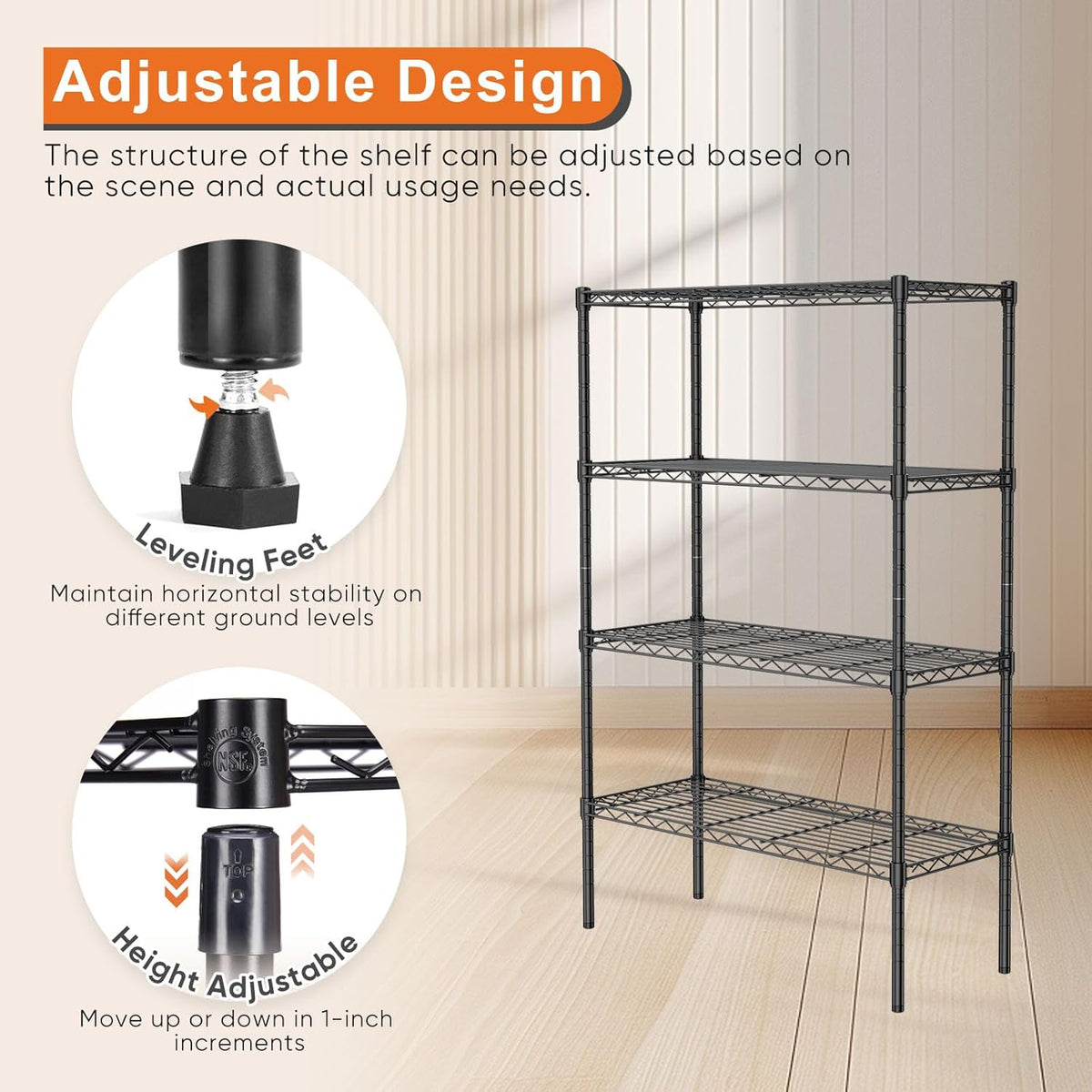 CARLA HOME 4-Tier Adjustable Metal Storage Shelves Wire Rack Organizer for Kitchen, Pantry, Bathroom or V178-36203