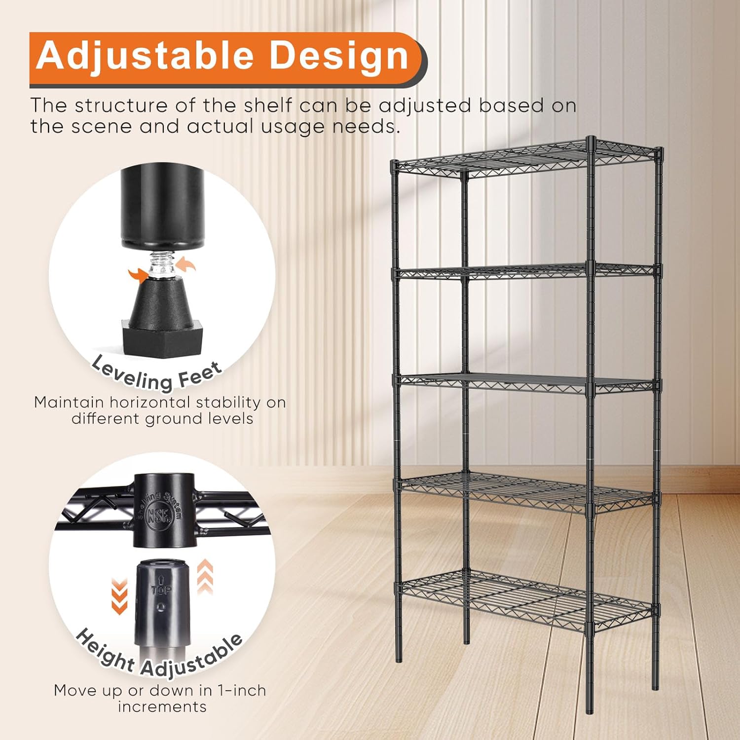 CARLA HOME 5-Tier Adjustable Metal Storage Shelves Wire Rack Organizer for Kitchen, Pantry, Bathroom or V178-36204