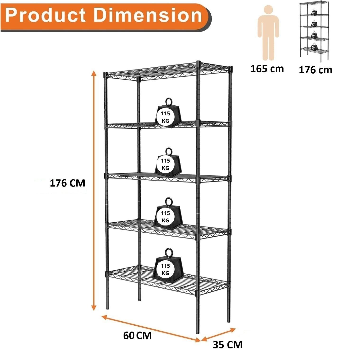 CARLA HOME 5-Tier Adjustable Metal Storage Shelves Wire Rack Organizer for Kitchen, Pantry, Bathroom or V178-36204