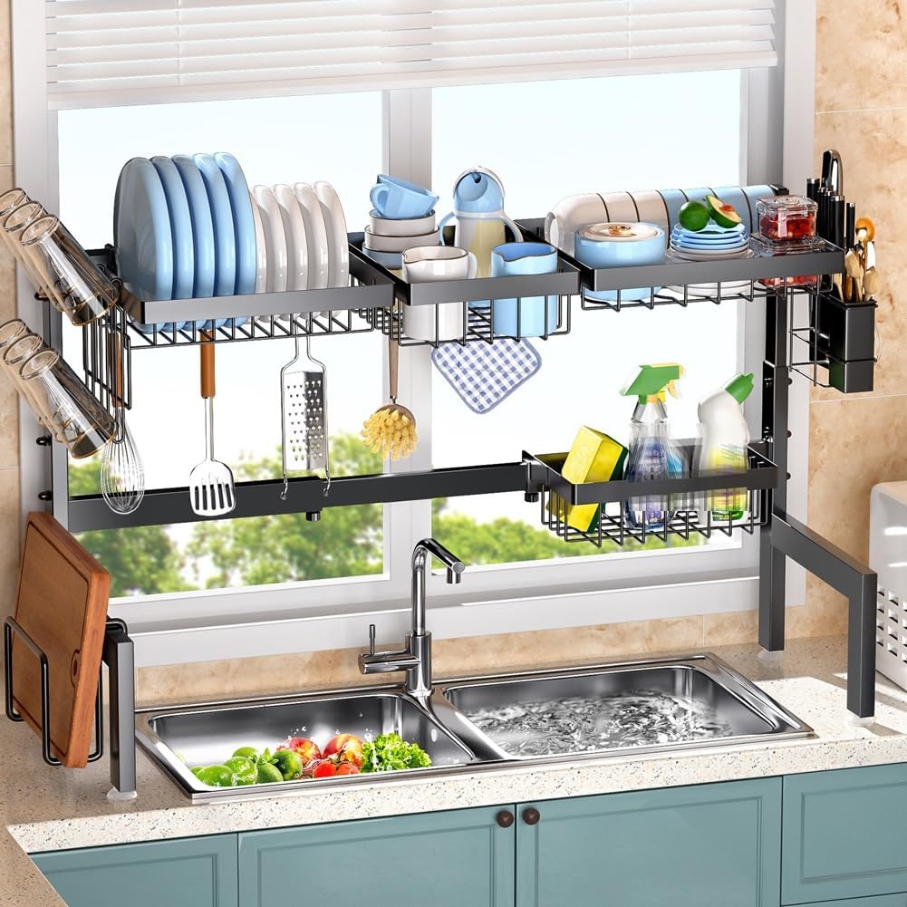 CARLA HOME Adjustable Over the Sink Dish Drying Rack with Utensil Holder, Hooks & Cutting Board Rack for V178-36206