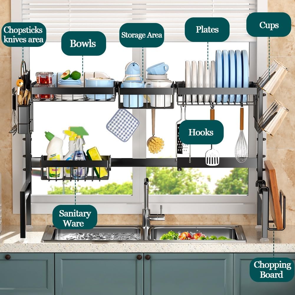 CARLA HOME Adjustable Over the Sink Dish Drying Rack with Utensil Holder, Hooks & Cutting Board Rack for V178-36206