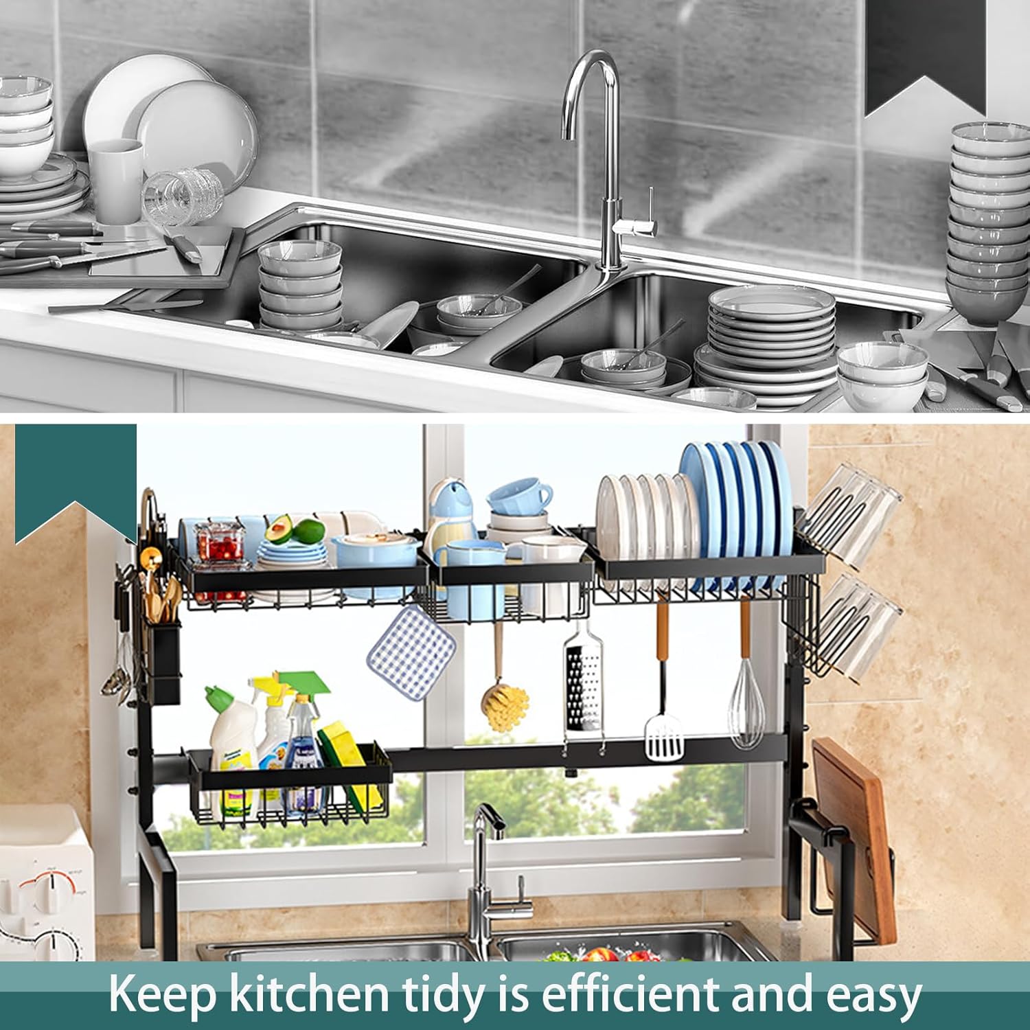 CARLA HOME Adjustable Over the Sink Dish Drying Rack with Utensil Holder, Hooks & Cutting Board Rack for V178-36206