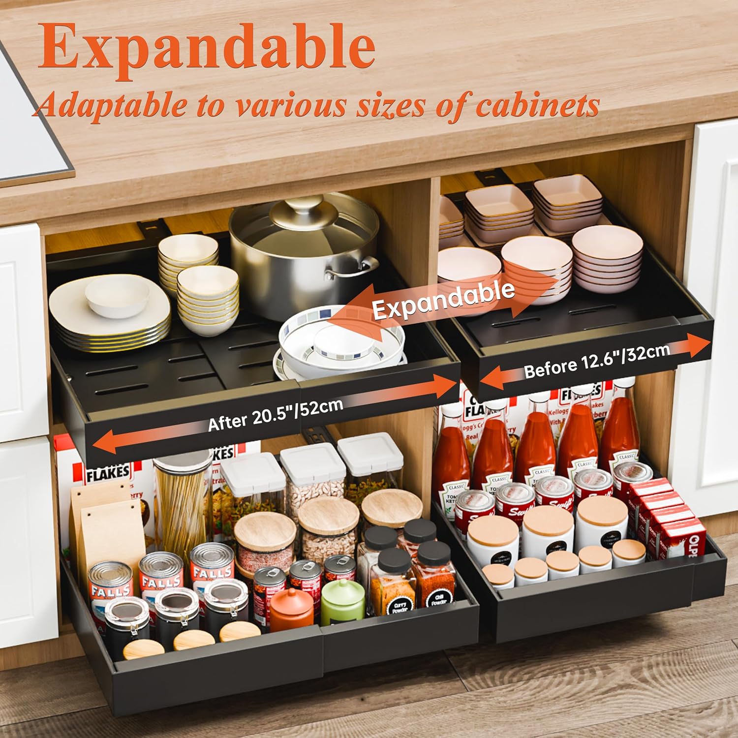 CARLA HOME 2 Pack Pull Out Cabinet Organizer Expandable for Cabinets with Adjustable Slide Out Shelves and V178-36208