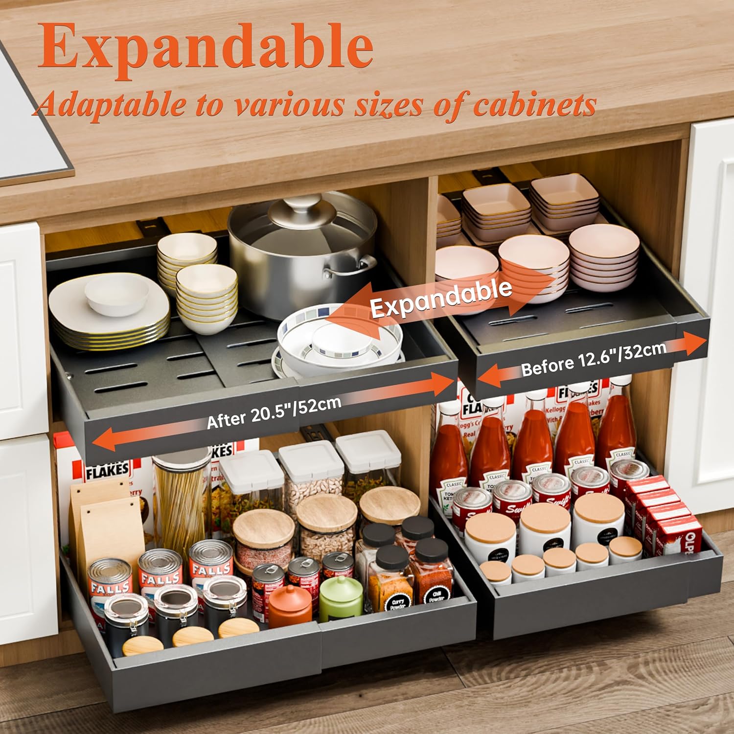 CARLA HOME 2 Pack Pull Out Cabinet Organizer Expandable for Cabinets with Adjustable Slide Out Shelves and V178-36209