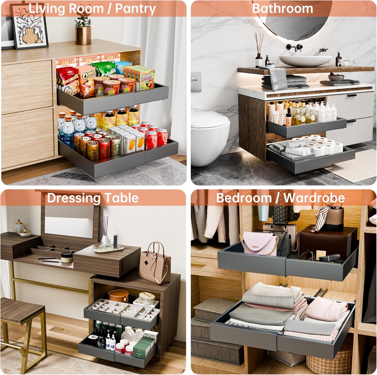 CARLA HOME 2 Pack Pull Out Cabinet Organizer Expandable for Cabinets with Adjustable Slide Out Shelves and V178-36209
