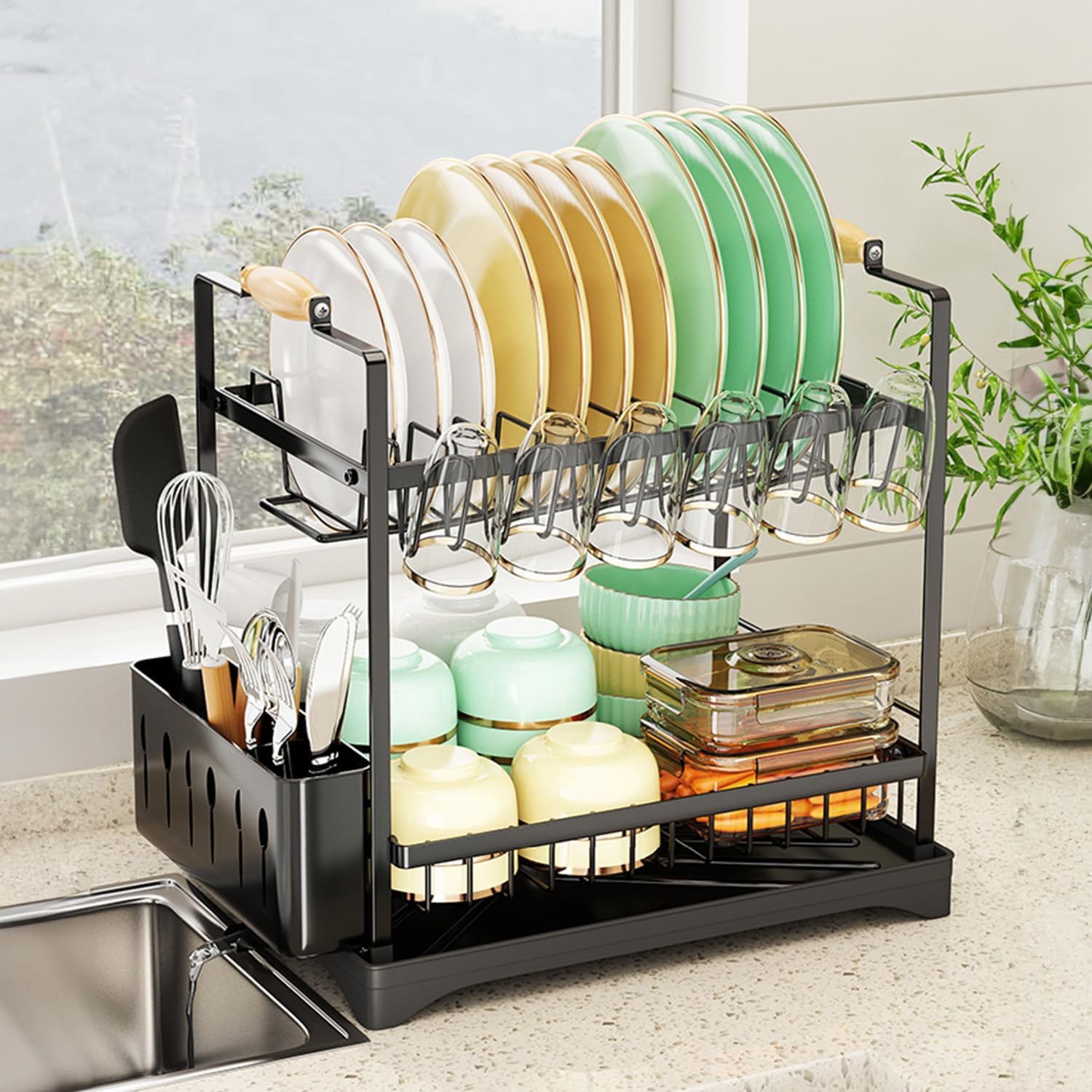 CARLA HOME 2-Tier Large Dish Drying Rack with Drainboard, Utensil Holder, Glass Hooks & Cutlery Storage V178-36211