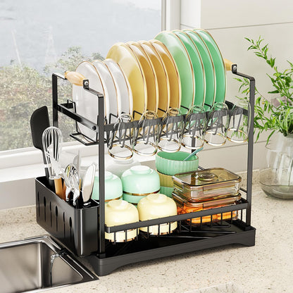 CARLA HOME 2-Tier Large Dish Drying Rack with Drainboard, Utensil Holder, Glass Hooks & Cutlery Storage V178-36211