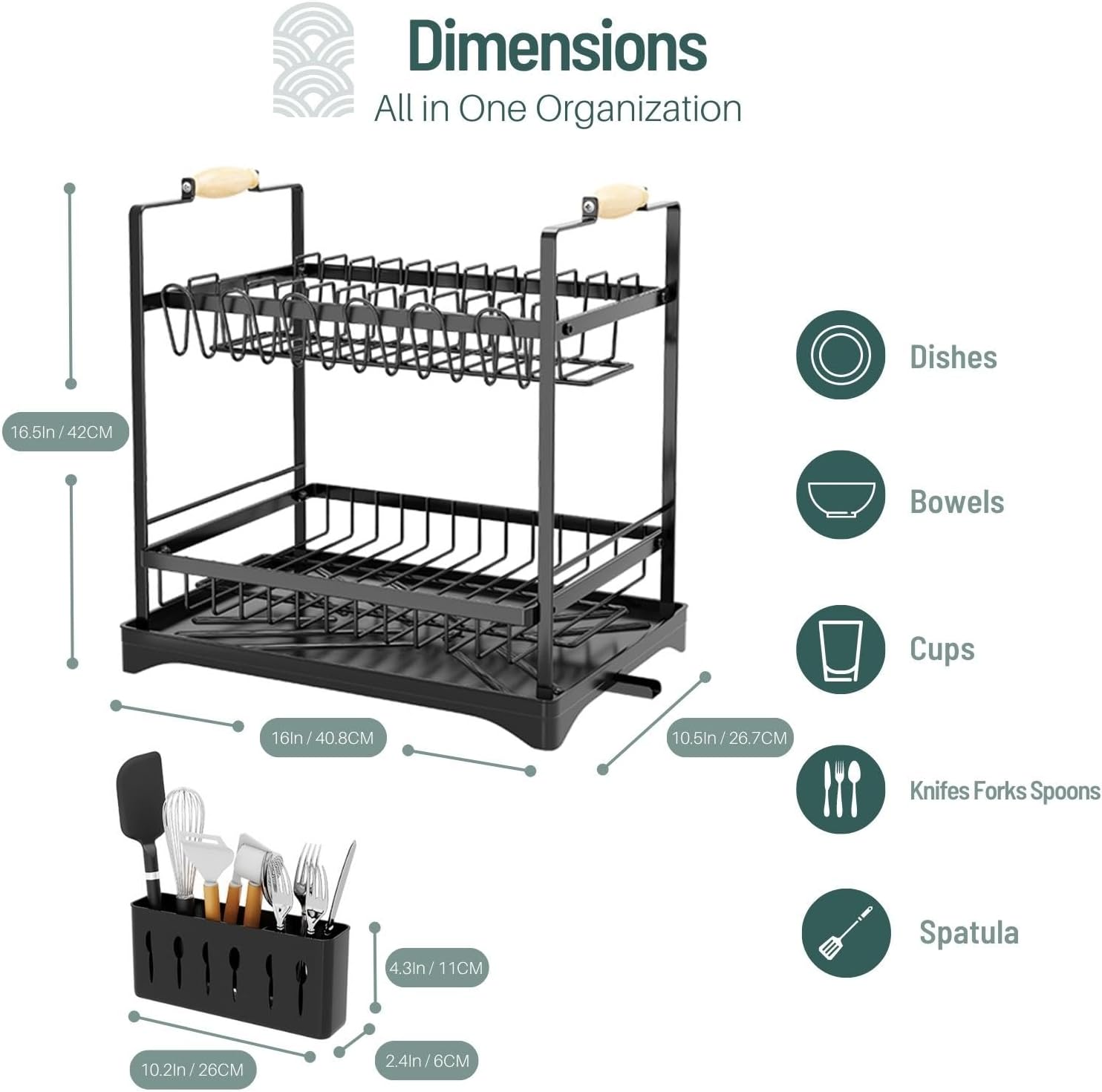 CARLA HOME 2-Tier Large Dish Drying Rack with Drainboard, Utensil Holder, Glass Hooks & Cutlery Storage V178-36211