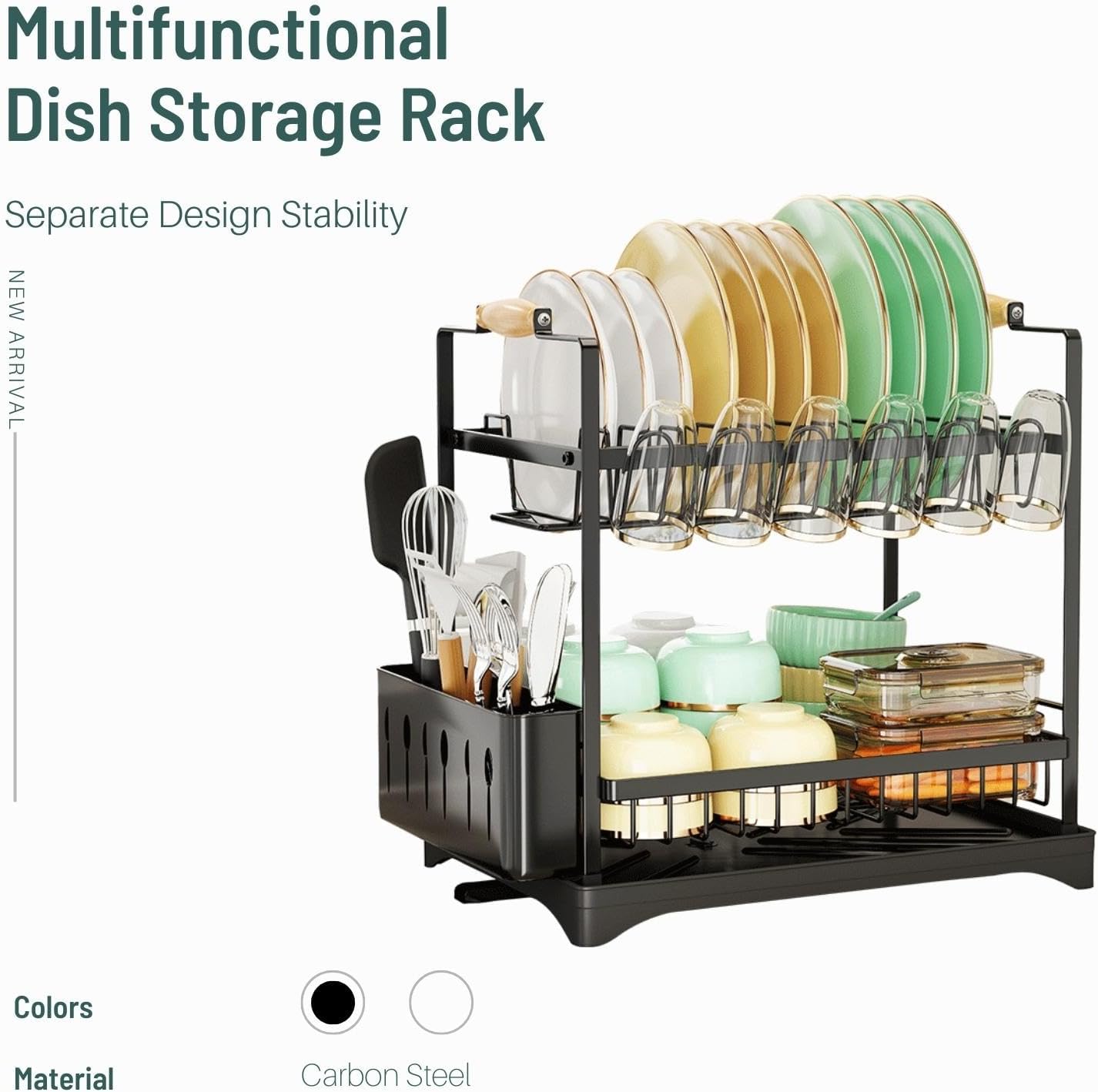 CARLA HOME 2-Tier Large Dish Drying Rack with Drainboard, Utensil Holder, Glass Hooks & Cutlery Storage V178-36211