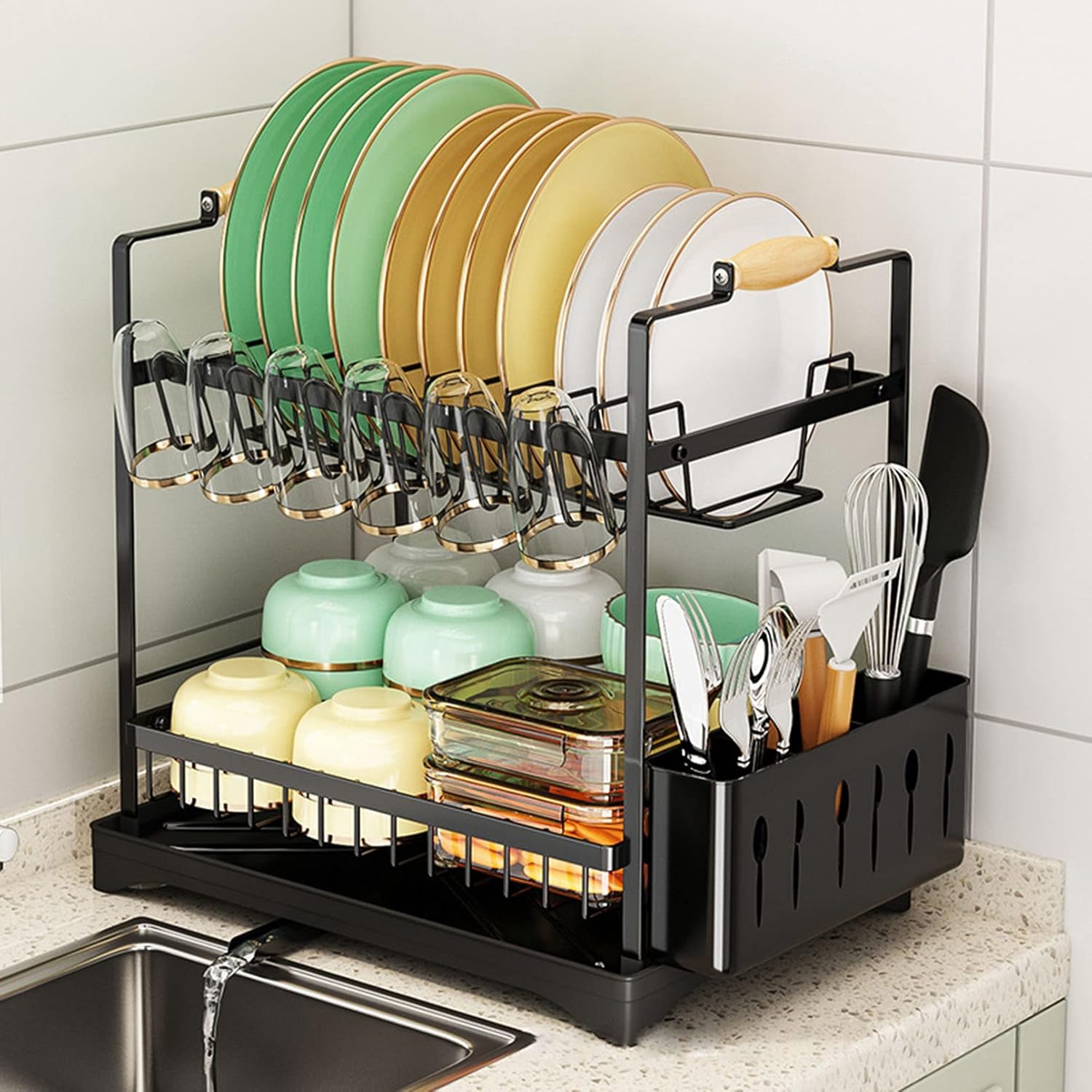 CARLA HOME 2-Tier Large Dish Drying Rack with Drainboard, Utensil Holder, Glass Hooks & Cutlery Storage V178-36211