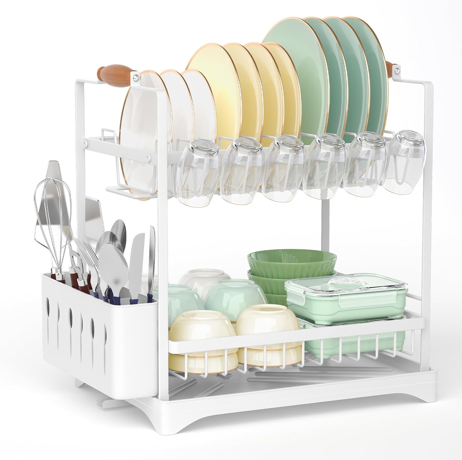 CARLA HOME 2-Tier Large Dish Drying Rack with Drainboard, Utensil Holder, Glass Hooks & Cutlery Storage V178-36212