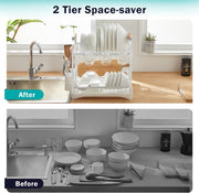 CARLA HOME 2-Tier Large Dish Drying Rack with Drainboard, Utensil Holder, Glass Hooks & Cutlery Storage V178-36212