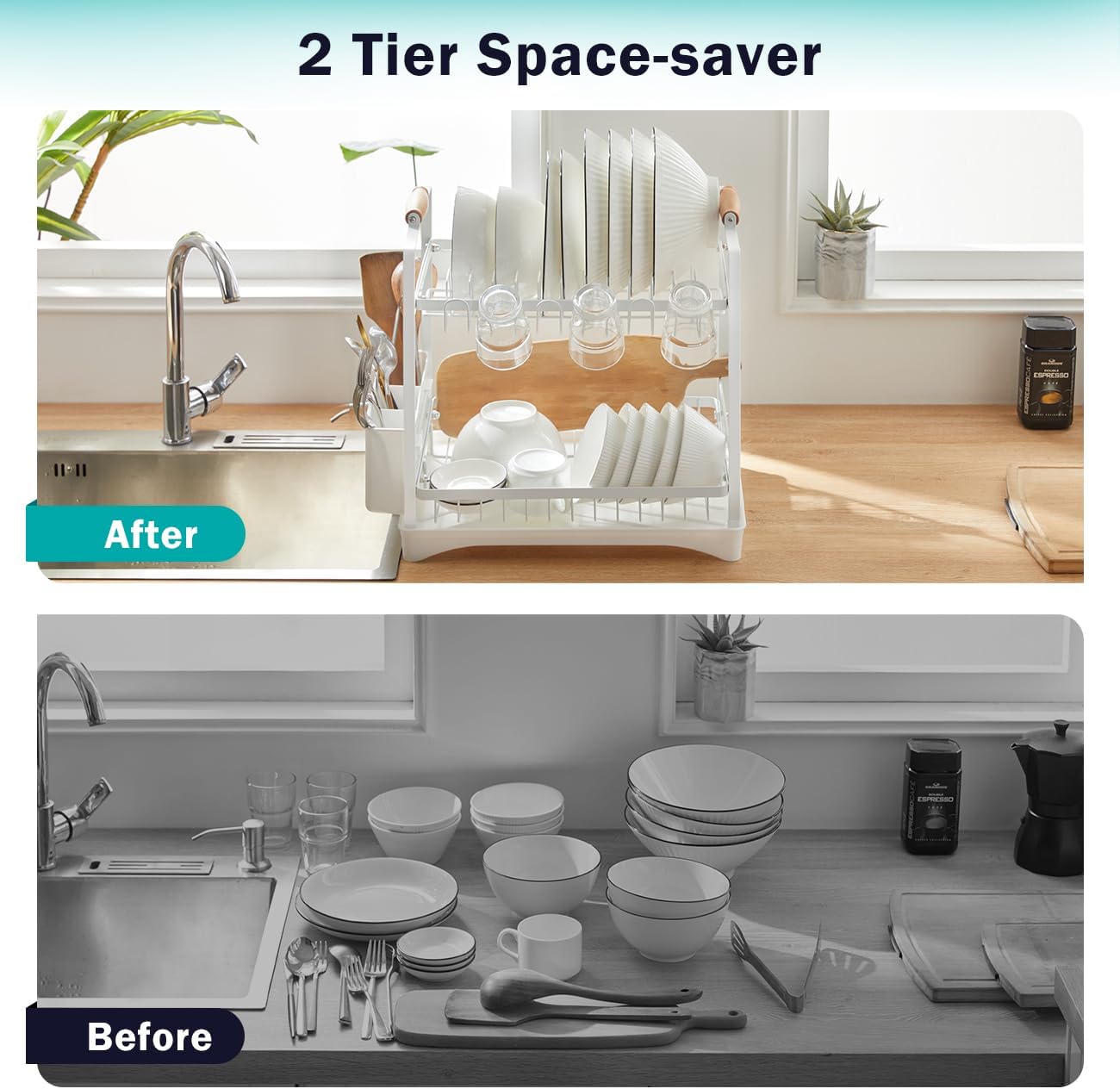 CARLA HOME 2-Tier Large Dish Drying Rack with Drainboard, Utensil Holder, Glass Hooks & Cutlery Storage V178-36212