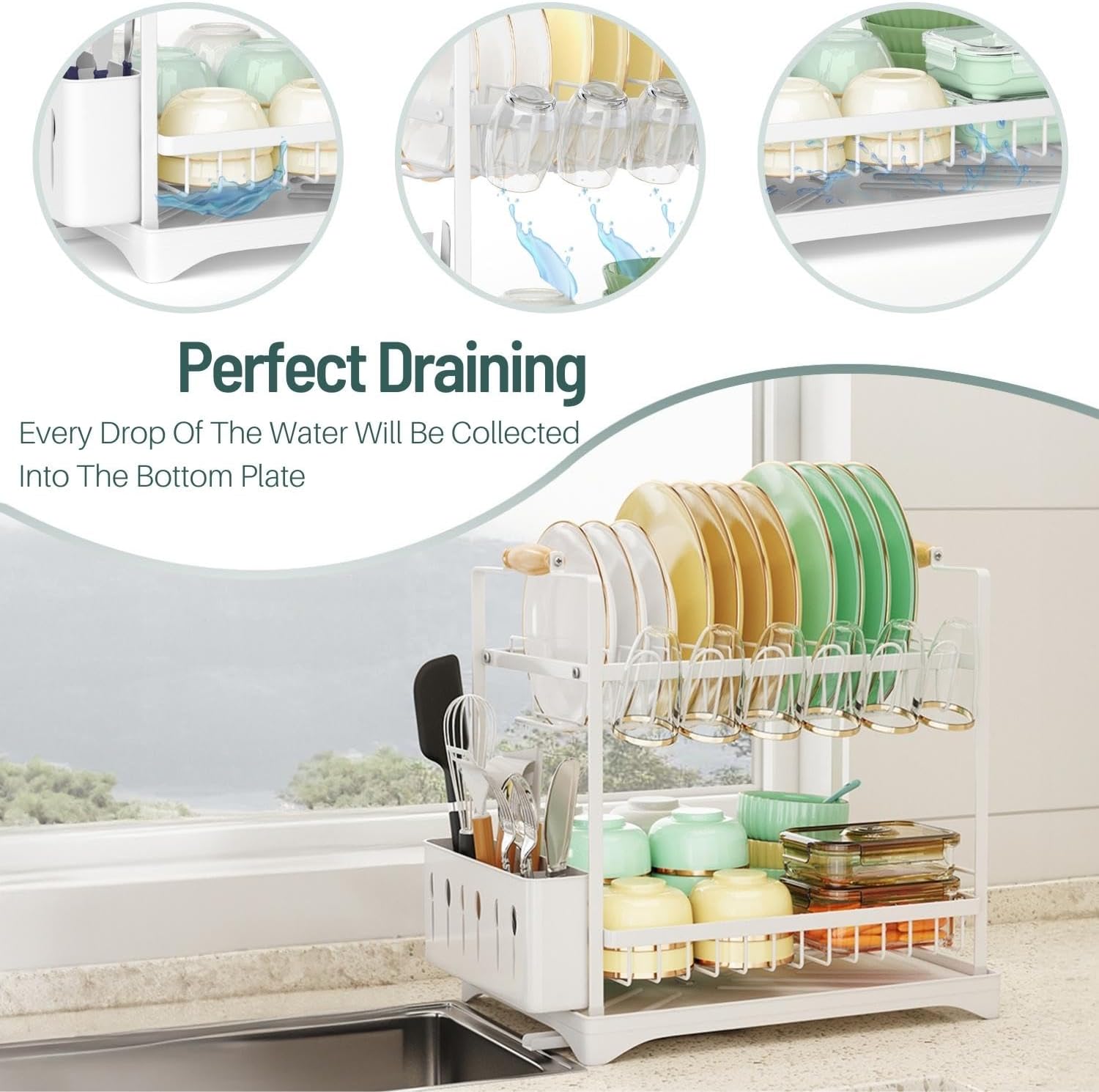 CARLA HOME 2-Tier Large Dish Drying Rack with Drainboard, Utensil Holder, Glass Hooks & Cutlery Storage V178-36212