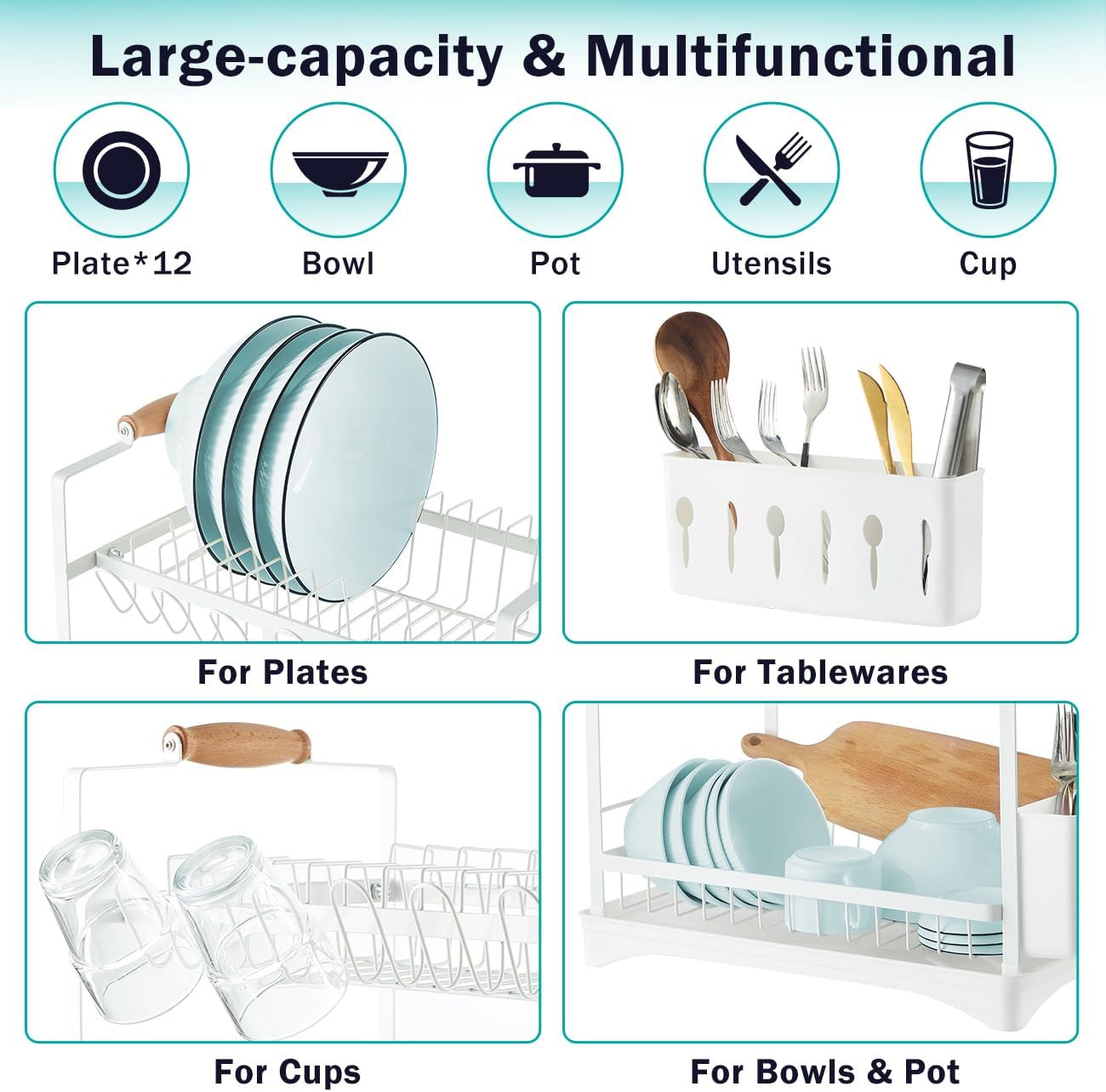 CARLA HOME 2-Tier Large Dish Drying Rack with Drainboard, Utensil Holder, Glass Hooks & Cutlery Storage V178-36212