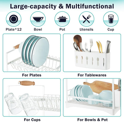 CARLA HOME 2-Tier Large Dish Drying Rack with Drainboard, Utensil Holder, Glass Hooks & Cutlery Storage V178-36212