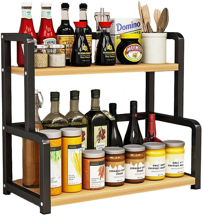 CARLA HOME 2-Tier Wooden Kitchen Countertop Spice Rack for Storage of Condiments, Oils, Jars & Seasoning V178-36219