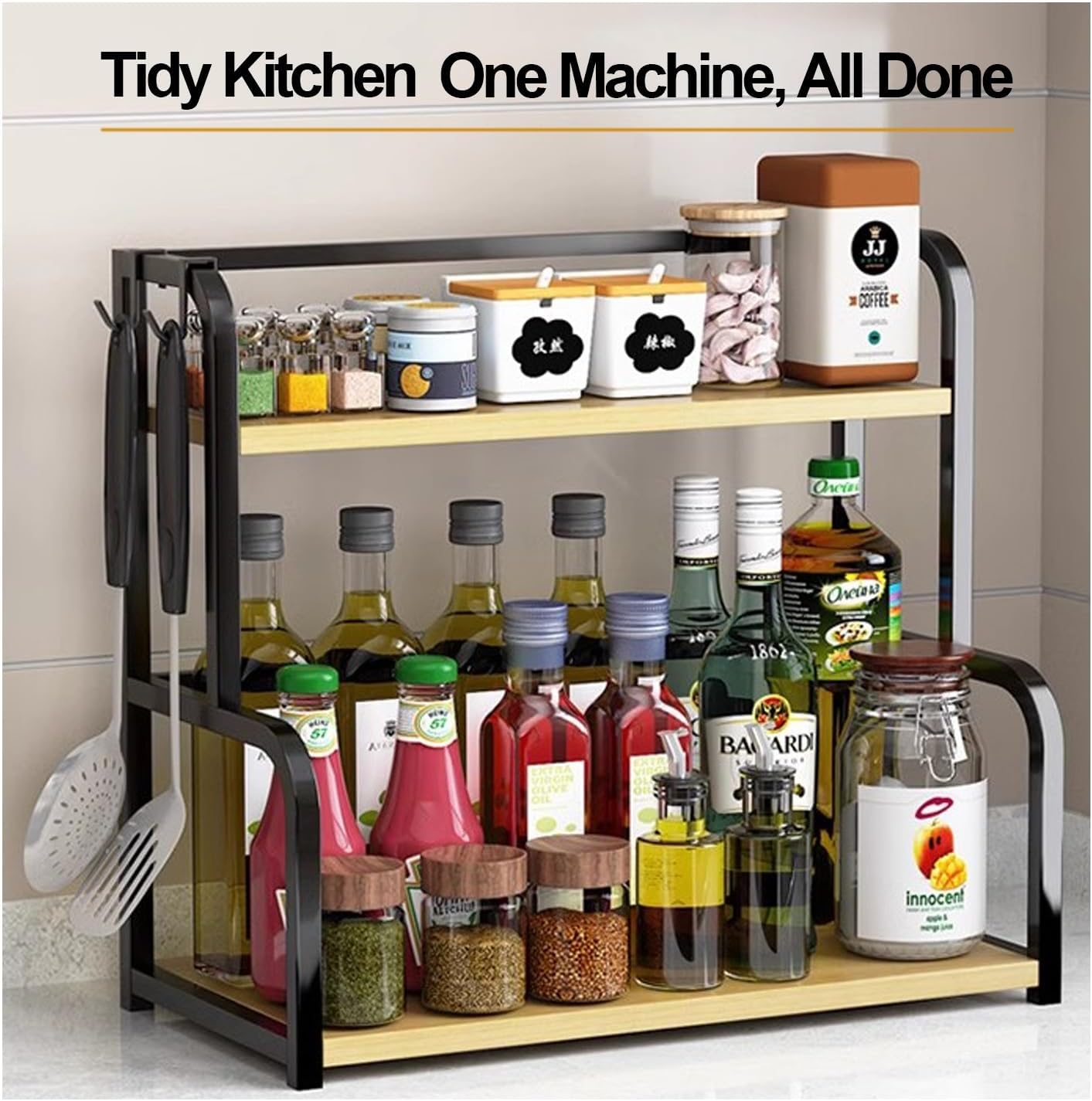 CARLA HOME 2-Tier Wooden Kitchen Countertop Spice Rack for Storage of Condiments, Oils, Jars & Seasoning V178-36219