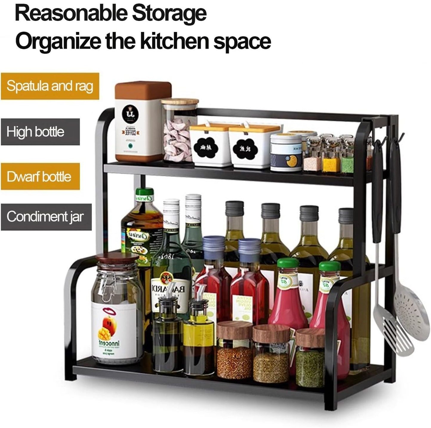 CARLA HOME 2-Tier Wooden Kitchen Countertop Spice Rack for Storage of Condiments, Oils, Jars & Seasoning V178-36219