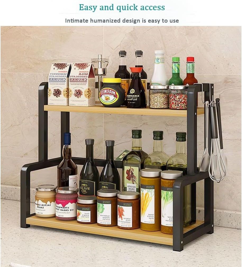 CARLA HOME 2-Tier Wooden Kitchen Countertop Spice Rack for Storage of Condiments, Oils, Jars & Seasoning V178-36219