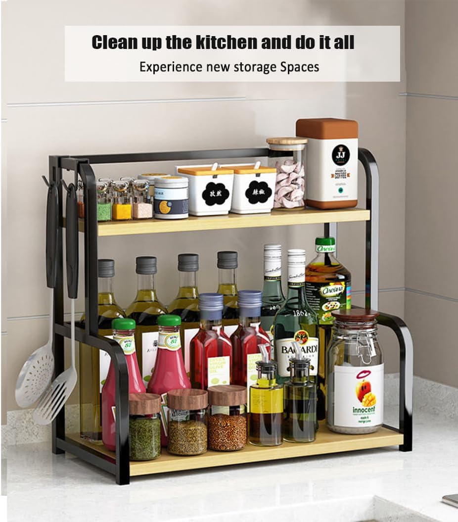 CARLA HOME 2-Tier Wooden Kitchen Countertop Spice Rack for Storage of Condiments, Oils, Jars & Seasoning V178-36219