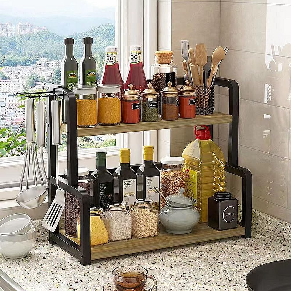 CARLA HOME 2-Tier Wooden Kitchen Countertop Spice Rack for Storage of Condiments, Oils, Jars & Seasoning V178-36219