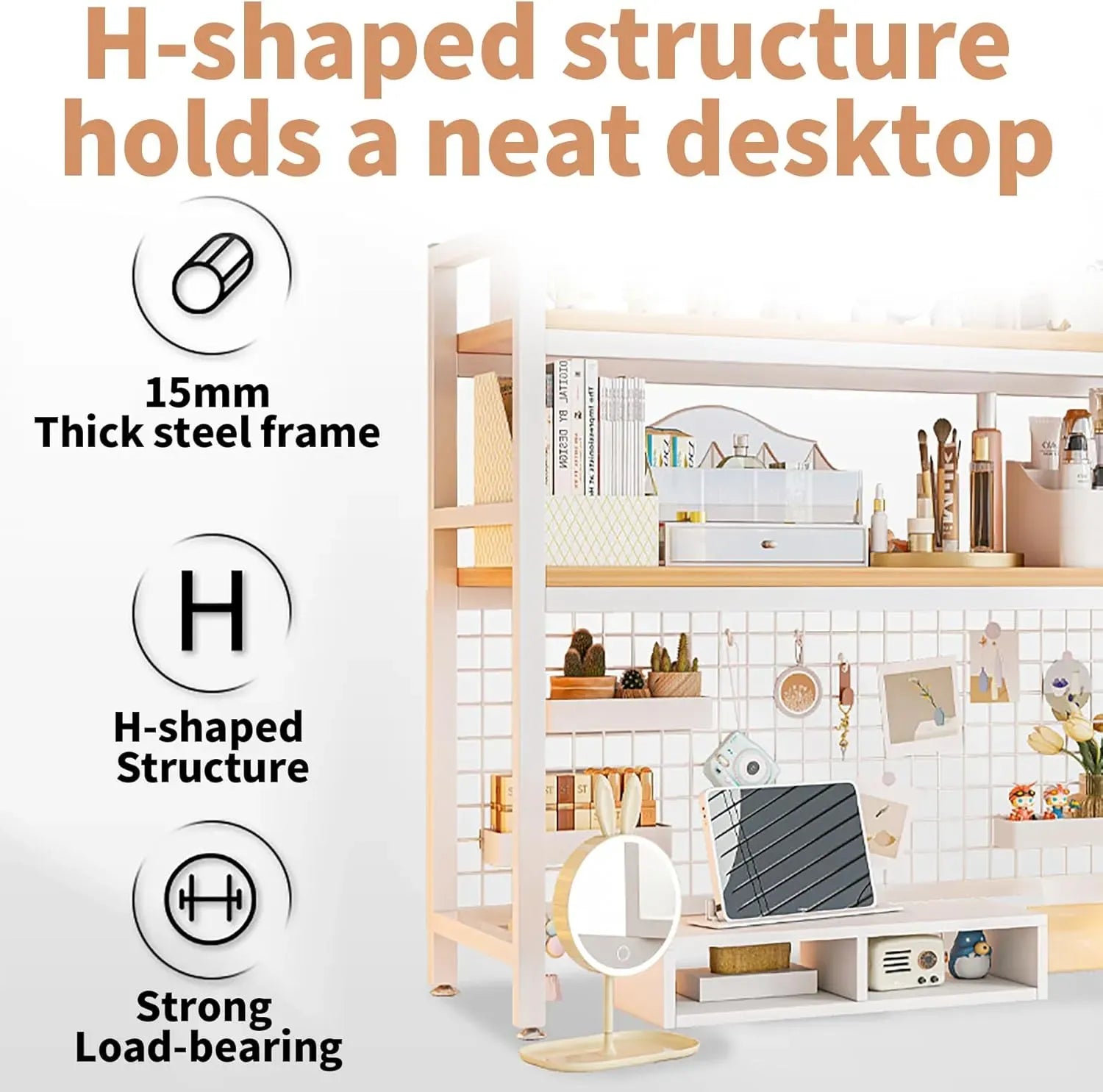 CARLA HOME 2-Tier Metal Desktop Hutch Bookshelf with Grid Panel for Computer Desk and Office Countertop V178-36220