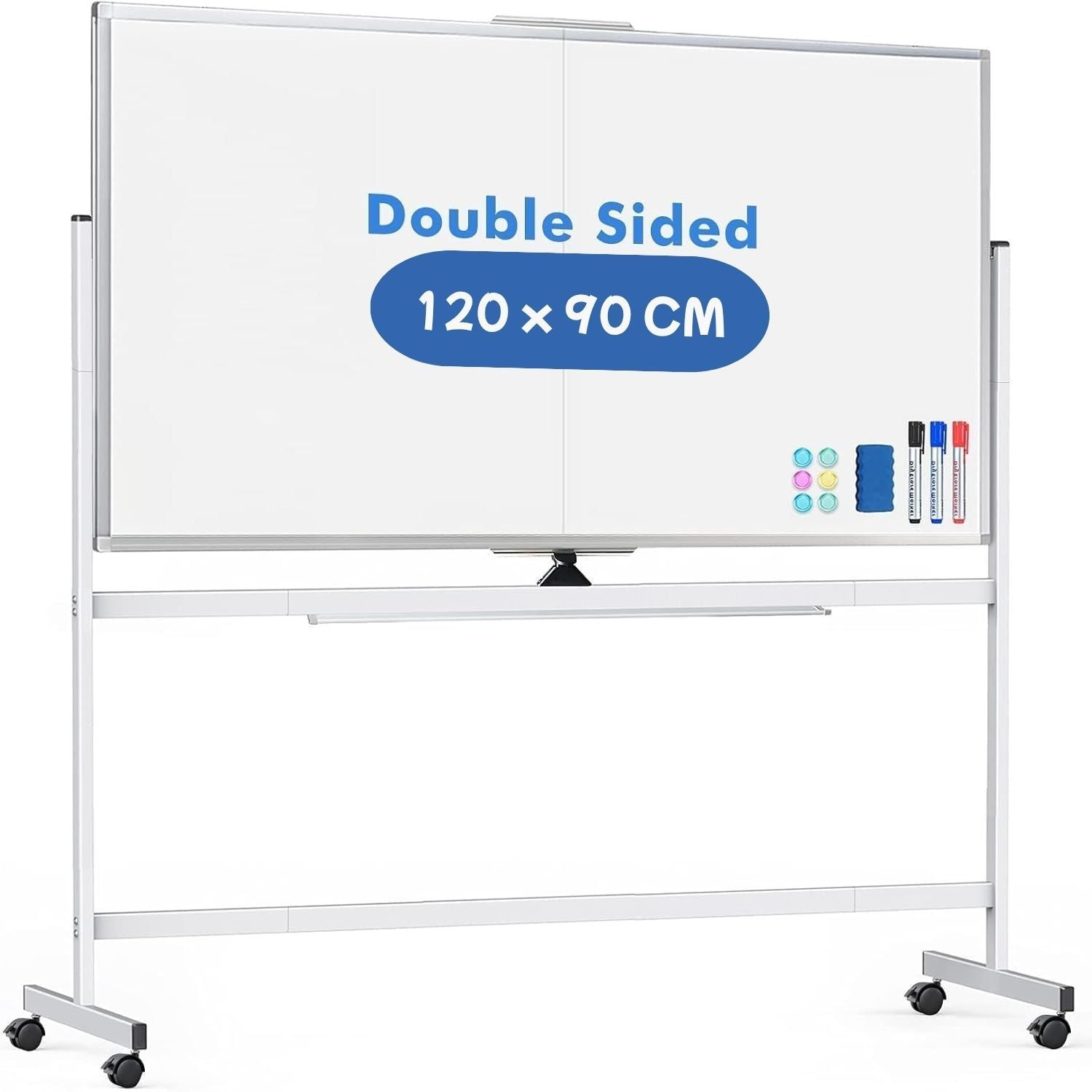 CARLA HOME Double-Sided Magnetic Whiteboard 120x90cm with Wheels, Reversible Design for School, Office & Home V178-36222