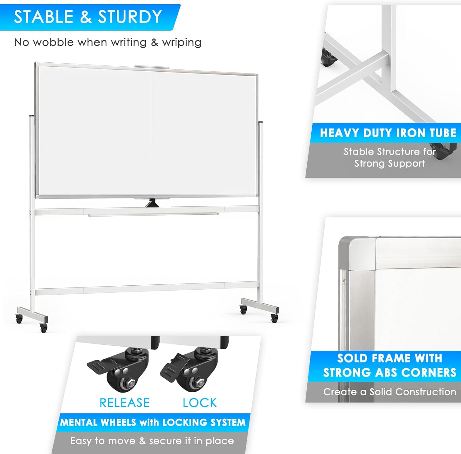 CARLA HOME Double-Sided Magnetic Whiteboard 120x90cm with Wheels, Reversible Design for School, Office & Home V178-36222