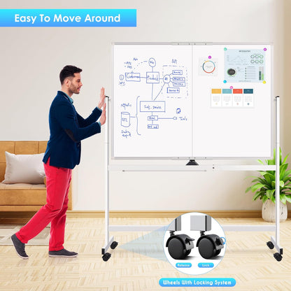 CARLA HOME Double-Sided Magnetic Whiteboard 120x90cm with Wheels, Reversible Design for School, Office & Home V178-36222