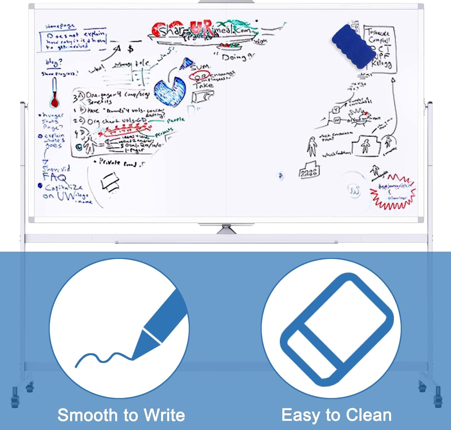 CARLA HOME Double-Sided Magnetic Whiteboard 120x90cm with Wheels, Reversible Design for School, Office & Home V178-36222