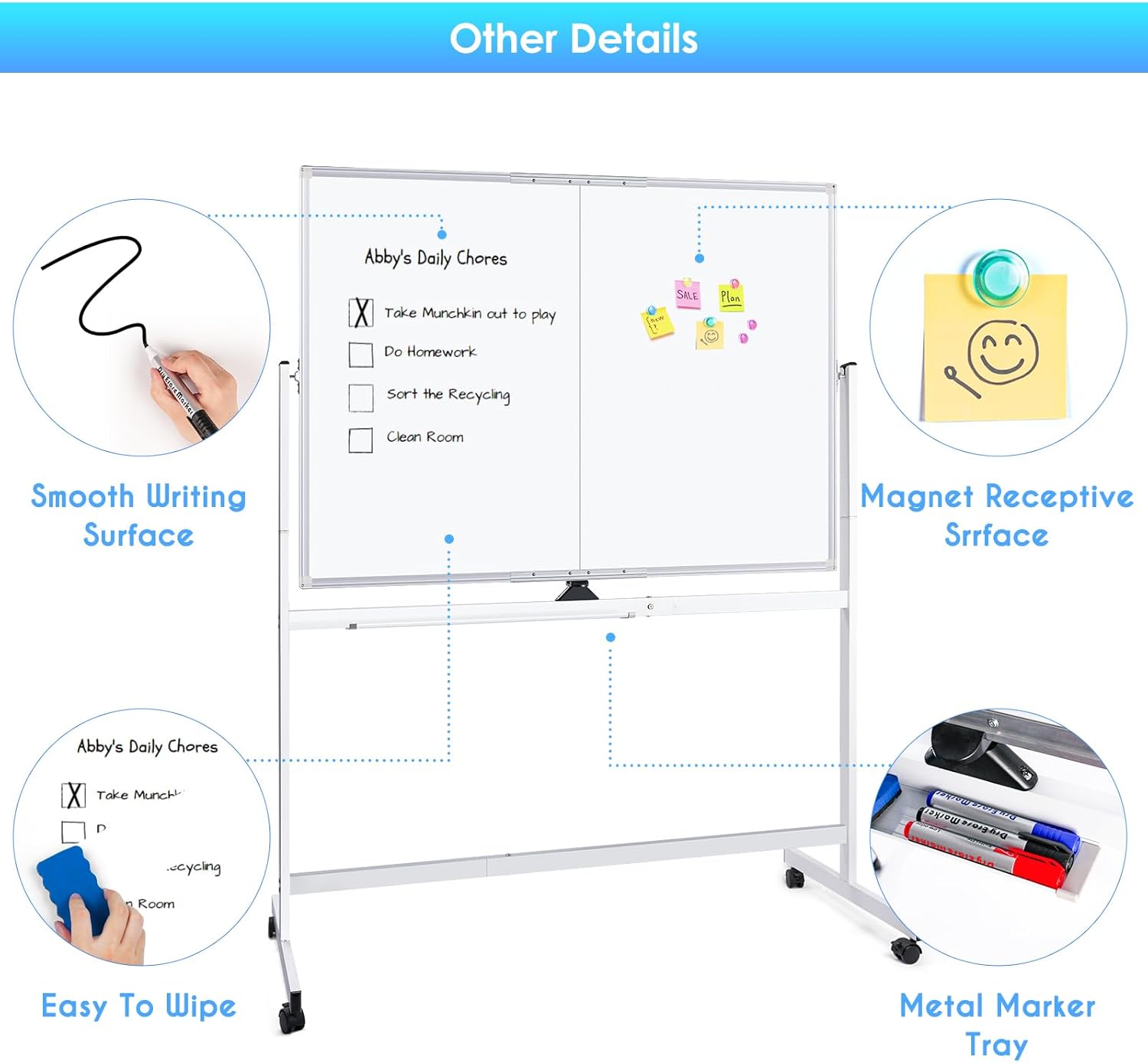 CARLA HOME Double-Sided Magnetic Whiteboard 120x90cm with Wheels, Reversible Design for School, Office & Home V178-36222