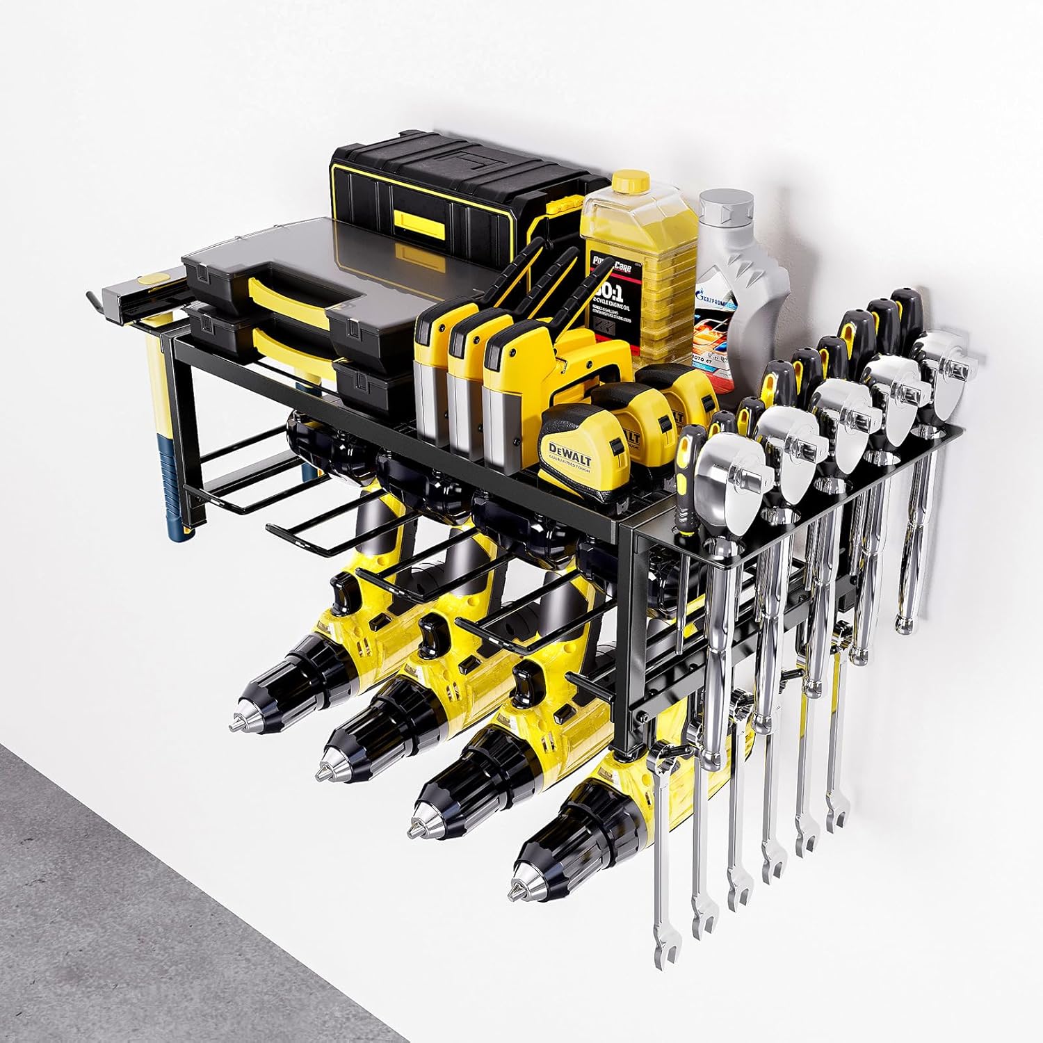 CARLA HOME 2-Tier Power Tool Rack Organizer Wall Mount with Drill Holder & Wrench Hooks for Cordless Tools & V178-36223