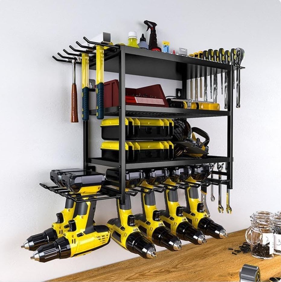 CARLA HOME 4-Tier Power Tool Rack Organizer Wall Mount with Drill Holder & Wrench Hooks for Cordless Tools & V178-36224