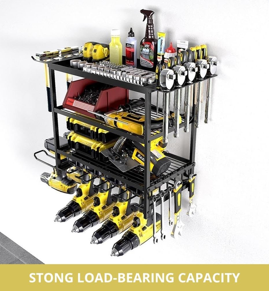 CARLA HOME 4-Tier Power Tool Rack Organizer Wall Mount with Drill Holder & Wrench Hooks for Cordless Tools & V178-36224