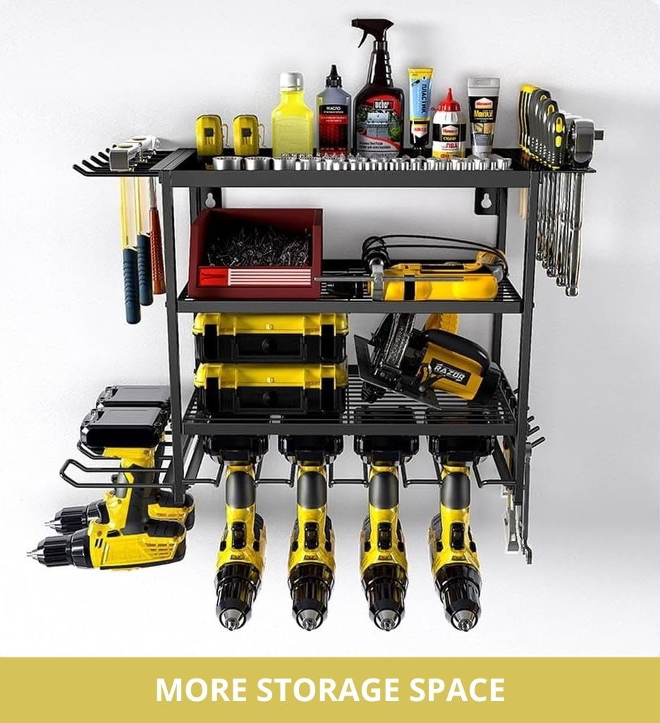 CARLA HOME 4-Tier Power Tool Rack Organizer Wall Mount with Drill Holder & Wrench Hooks for Cordless Tools & V178-36224