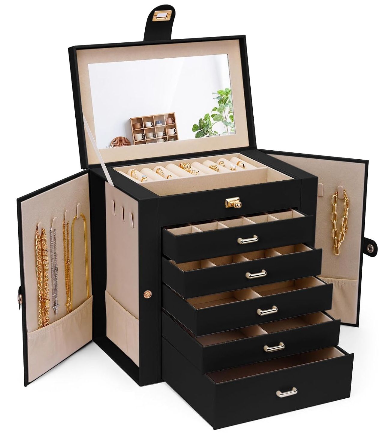 CARLA HOME 6-Layer Large Jewelry Box for Women withDrawers, Mirror, Lock, Necklace Hooks & Side Compartments V178-36225