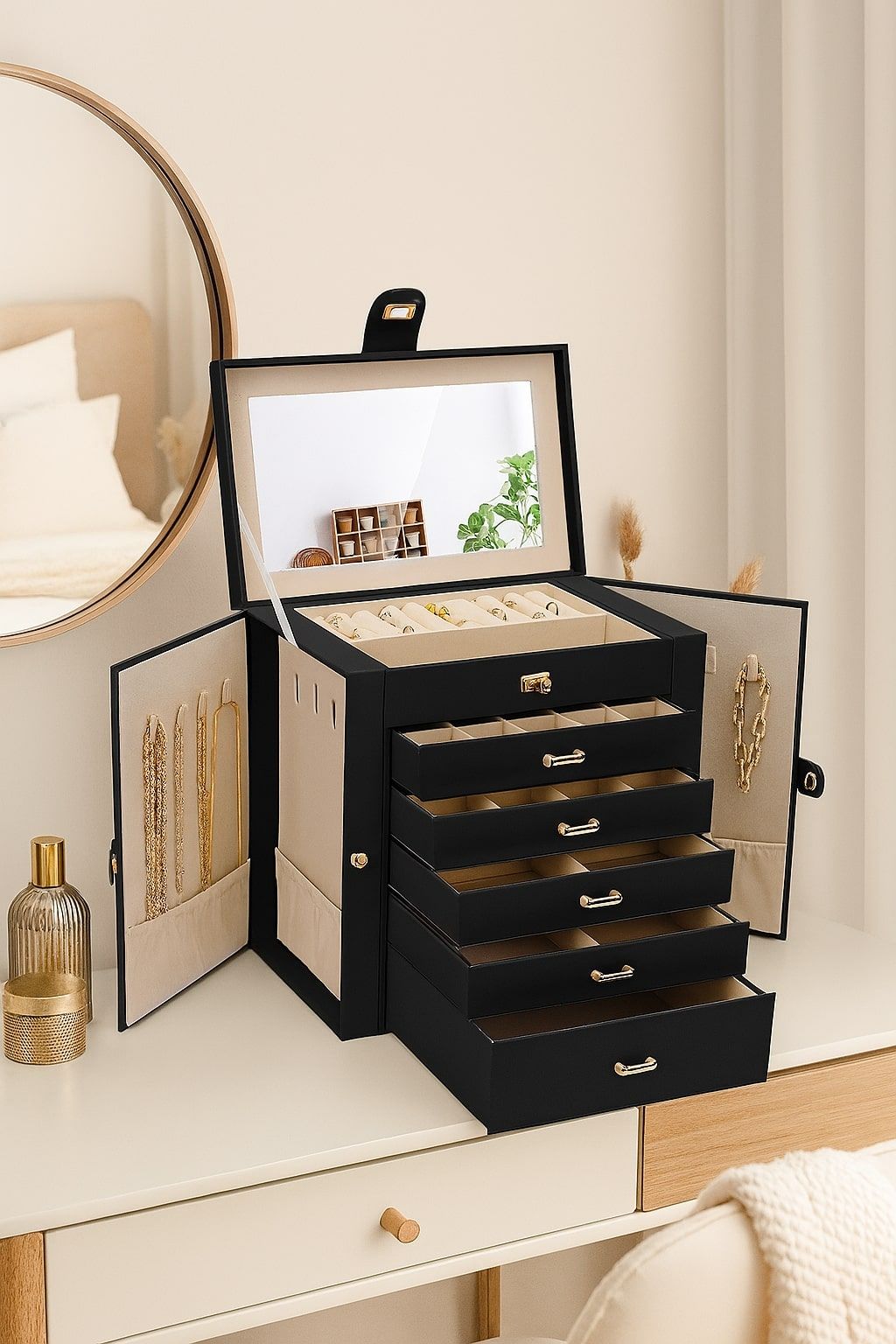 CARLA HOME 6-Layer Large Jewelry Box for Women withDrawers, Mirror, Lock, Necklace Hooks & Side Compartments V178-36225