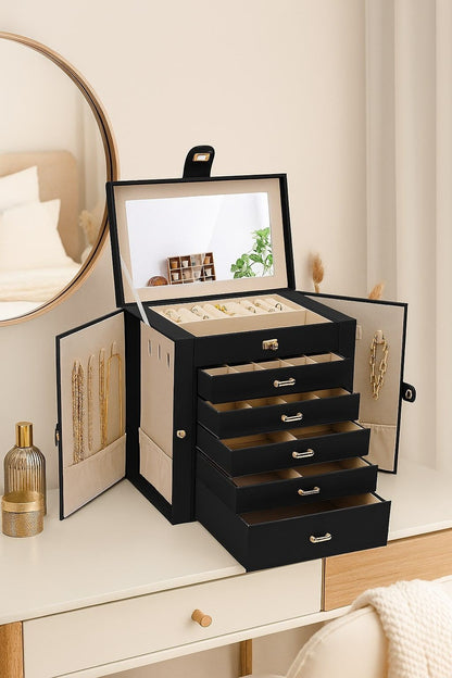 CARLA HOME 6-Layer Large Jewelry Box for Women withDrawers, Mirror, Lock, Necklace Hooks & Side Compartments V178-36225