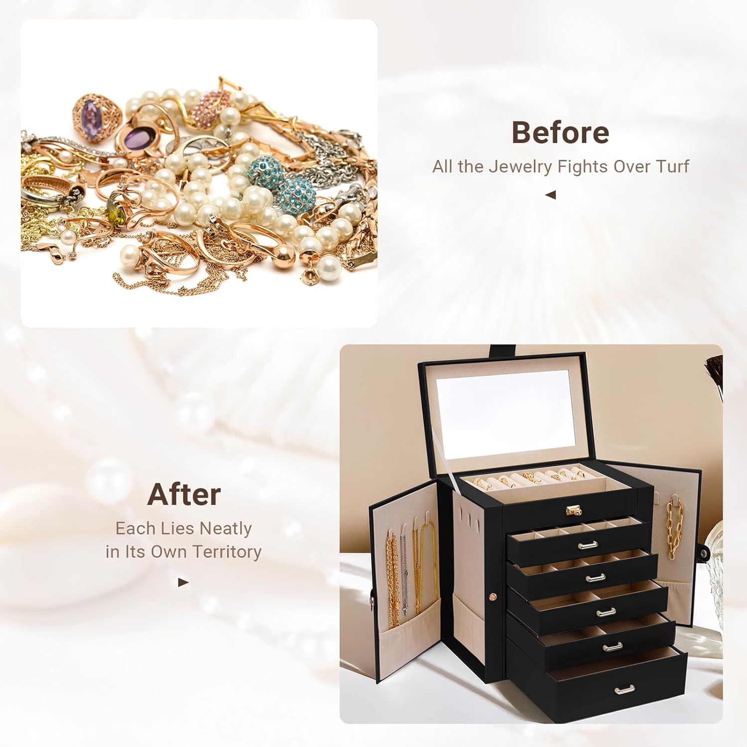CARLA HOME 6-Layer Large Jewelry Box for Women withDrawers, Mirror, Lock, Necklace Hooks & Side Compartments V178-36225