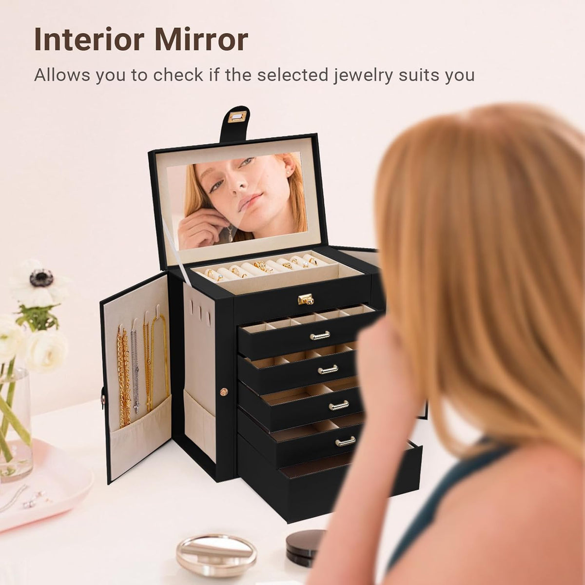 CARLA HOME 6-Layer Large Jewelry Box for Women withDrawers, Mirror, Lock, Necklace Hooks & Side Compartments V178-36225