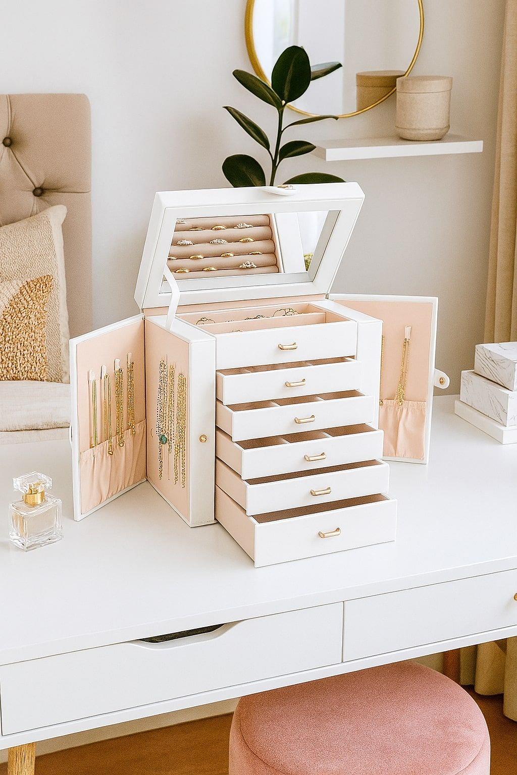 CARLA HOME 6-Layer Large Jewelry Box for Women withDrawers, Mirror, Lock, Necklace Hooks & Side Compartments V178-36226
